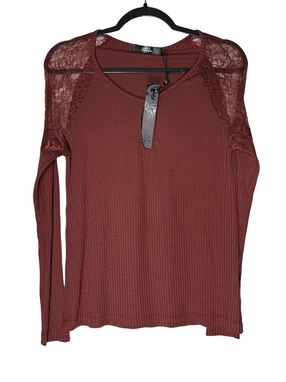 BKE Boutique Blouse Medium Burgundy Ribbed Lace Long Sleeve Top Western NEW